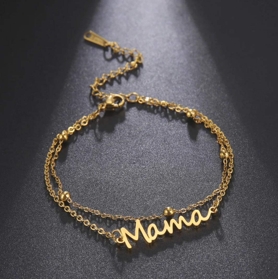 18K guldpläterat dubbelt "mama"-armband med fina pärlor