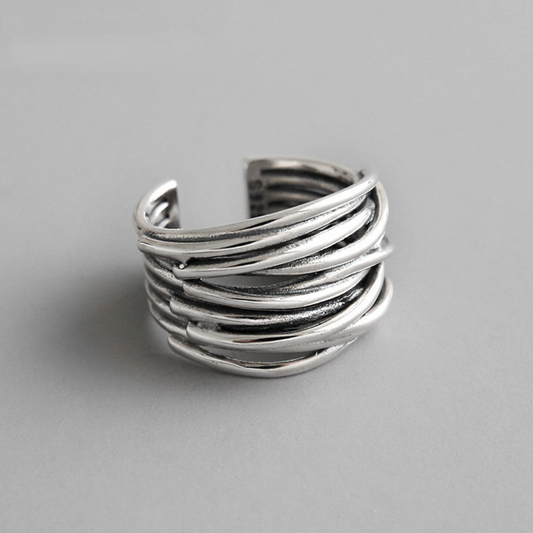 Adjustable wide ring with modernist design in 925 sterling silver