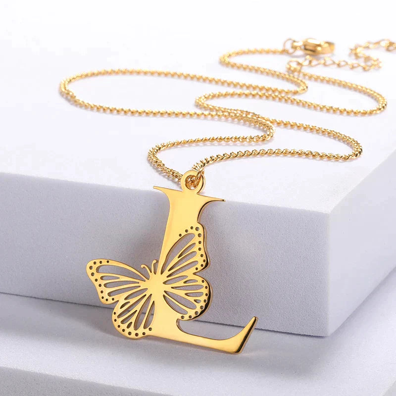 18K Gold Plated Initial Necklace with Elegant Butterfly