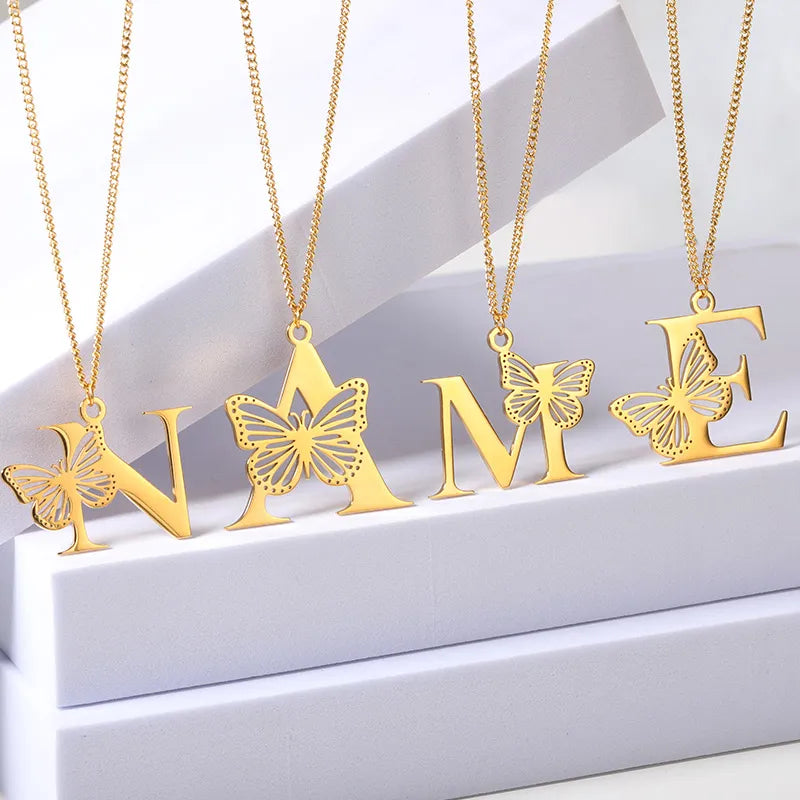 18K Gold Plated Initial Necklace with Elegant Butterfly