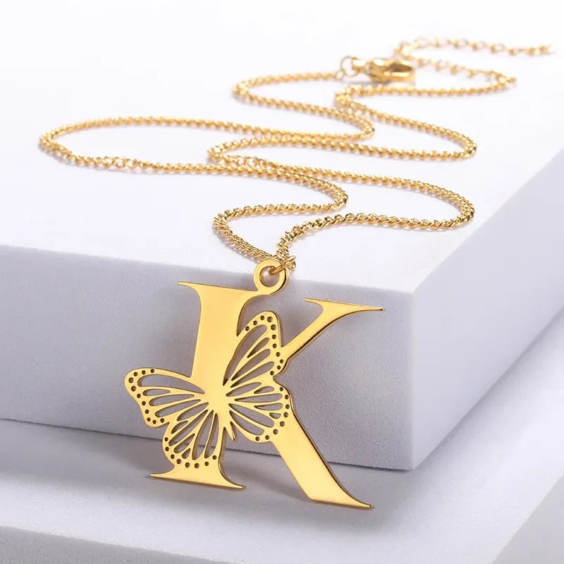 18K Gold Plated Initial Necklace with Elegant Butterfly