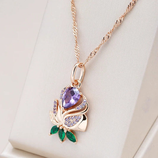 18kt rose gold-plated flower necklace with amethyst and emerald leaf - AC