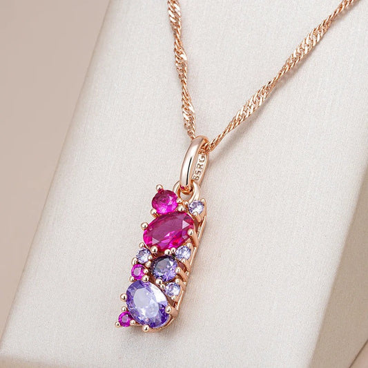 Necklace with natural zirconia pendant Ruby and Amethyst in 18K Rose Gold Plated