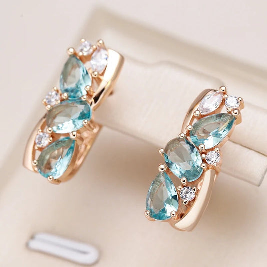 Long earrings plated 18k pink gold with aquamarine and white cubic zirconia - AC