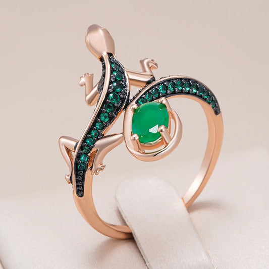 18kt rose gold plated lizard ring with natural green cubic zirconia - AC