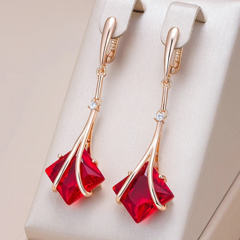 Long square earrings plated in 18 carat pink gold with natural red branch-shaped cubic zirconia - AC