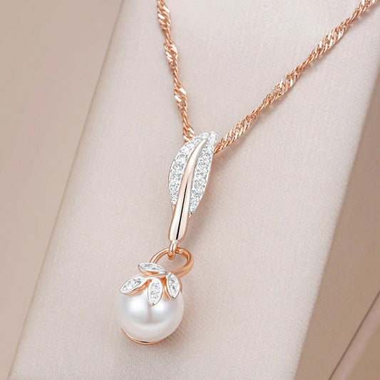 Necklace pendant white pearl leaf with cubic zirconia 18kt rose gold plated - AC