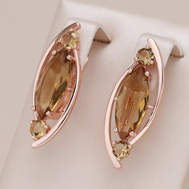 Light Brown Crystal Long Earrings in 18K Rose Gold Plated