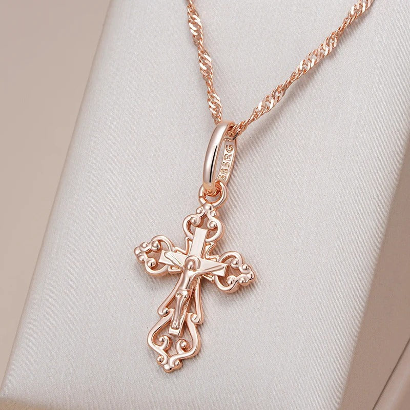 Necklace with elegant cross pendant in 18K Rose Gold Plating