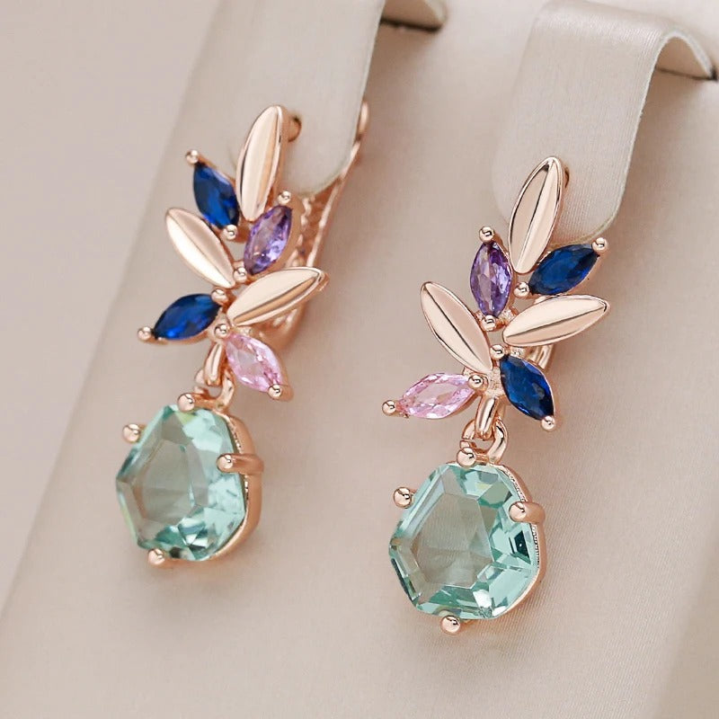 18K Rose Gold Plated Unique Green, Blue, Pink Stone Drop Earrings