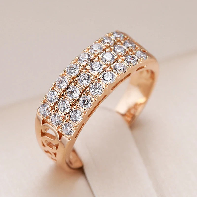 18K Rose Gold Plated Three Rows Inlay Natural Zircon Ring