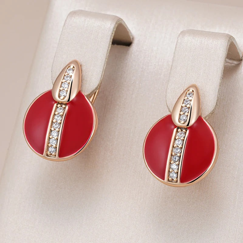 18K Rose Gold Plated red button earrings with white zirconia