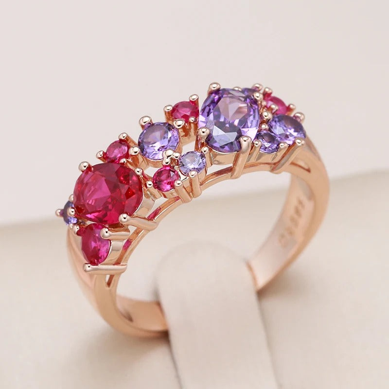 Luxury ruby zirconia and amethyst ring in 18K rose gold plating