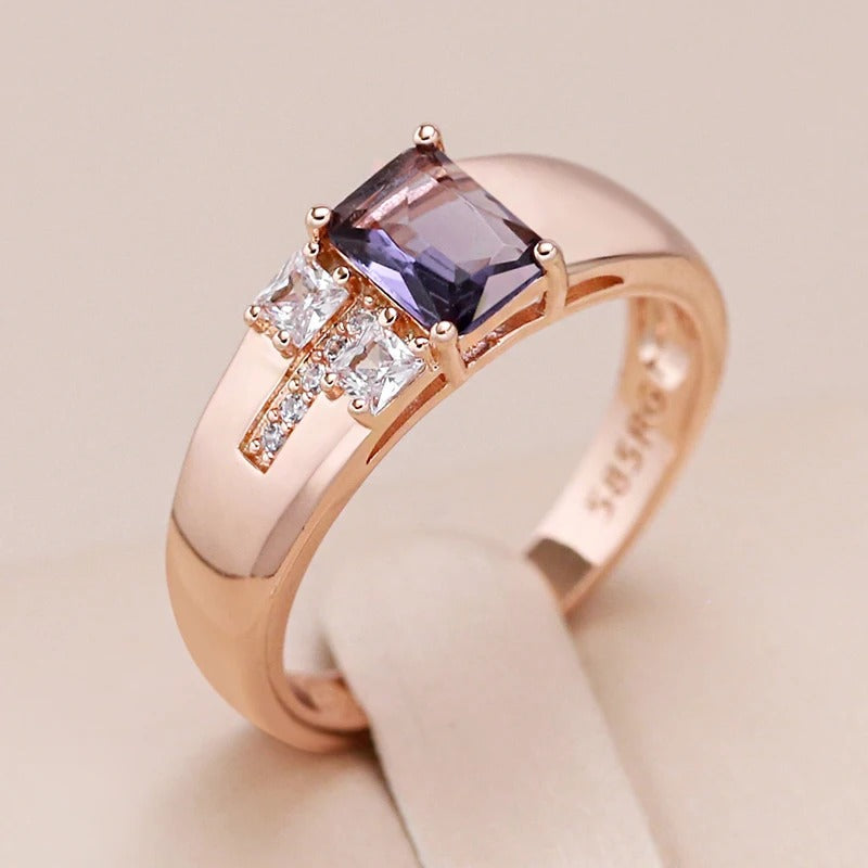 18K Rose Gold Plated Square purple natural zircon ring with 2 white zirconias