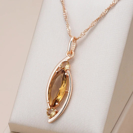 Luxury light brown crystal pendant necklace in 18K rose gold plating