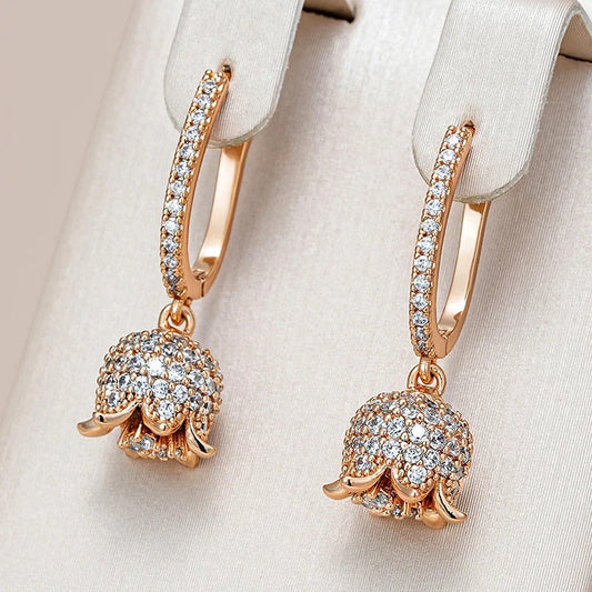 Long earrings plated 18 carat pink gold with cubic zirconia in the shape of a flower - AC