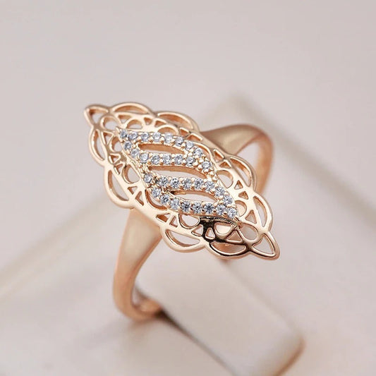 18kt rose gold plated wide ring with ethnic flower and white zircons - AC