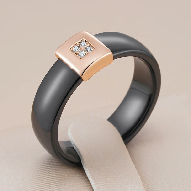 18K Rose Gold Plated Black Ceramics Ring with zirconia