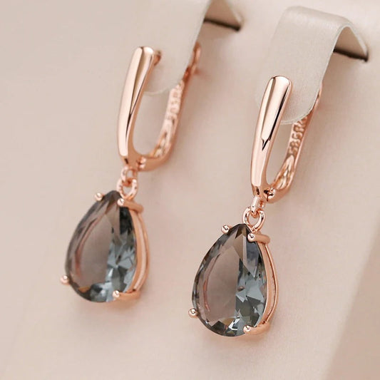 New Grey Crystal Long Water Drop Dangle Earrings in 18K Rose Gold Plated