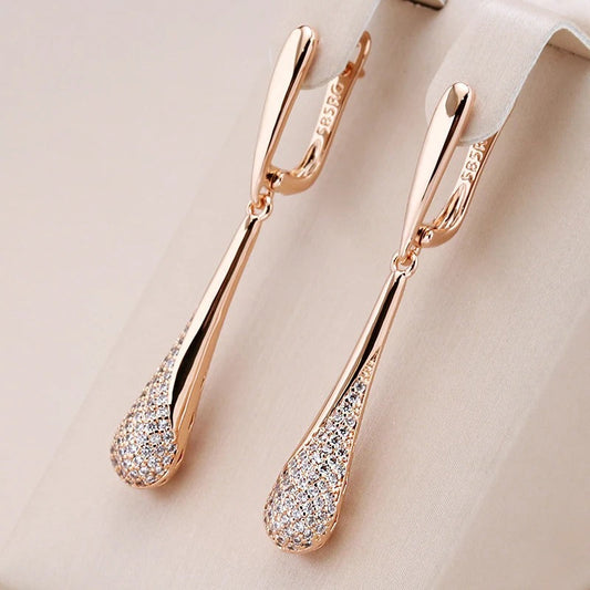 Full Sparkling Natural Zircon Long Dangle Earrings in 18K Rose Gold Plated