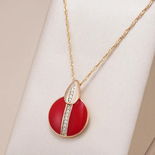 Red Enamel Natural Zircon Pendant Necklace in 18K Rose Gold Plated