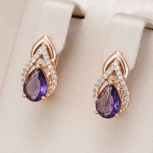 18K Rose Gold Plating Sparkling Purple Water Drop Natural Zircon Earrings