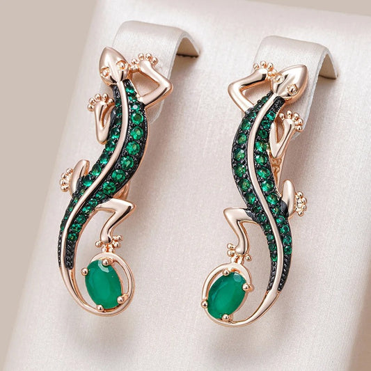 18K Rose Gold Plated Green Natural Zircon Lizard Drop Earrings