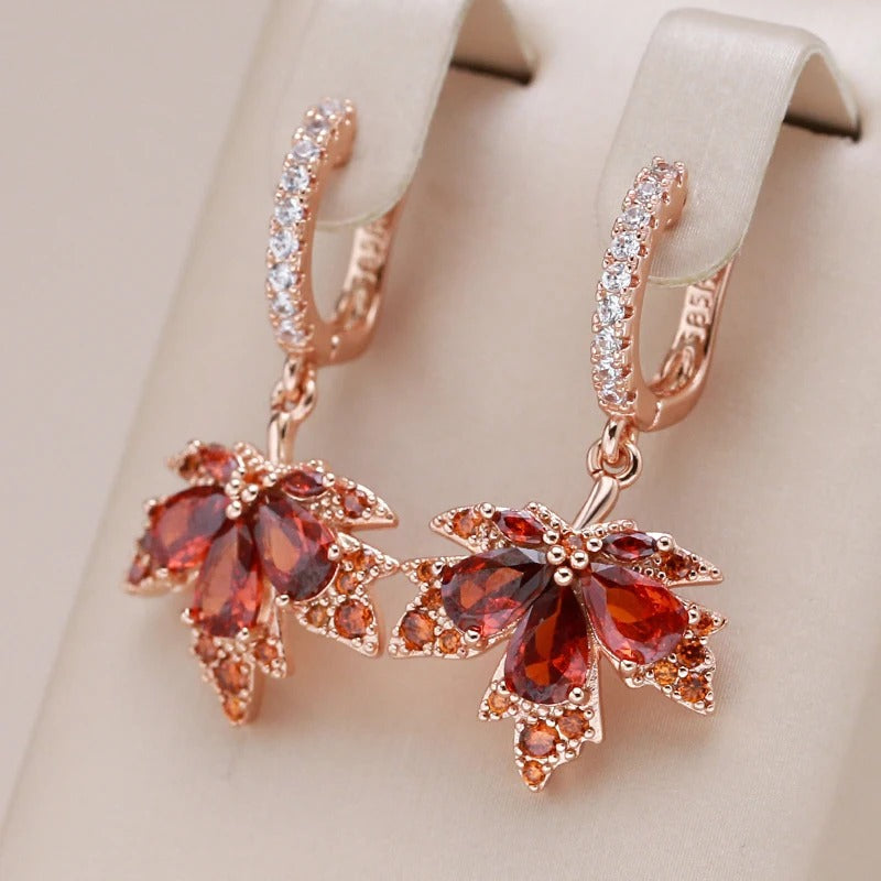 18K Rose Gold Plated Shiny Red Natural Zircon Maple Leaf Earrings