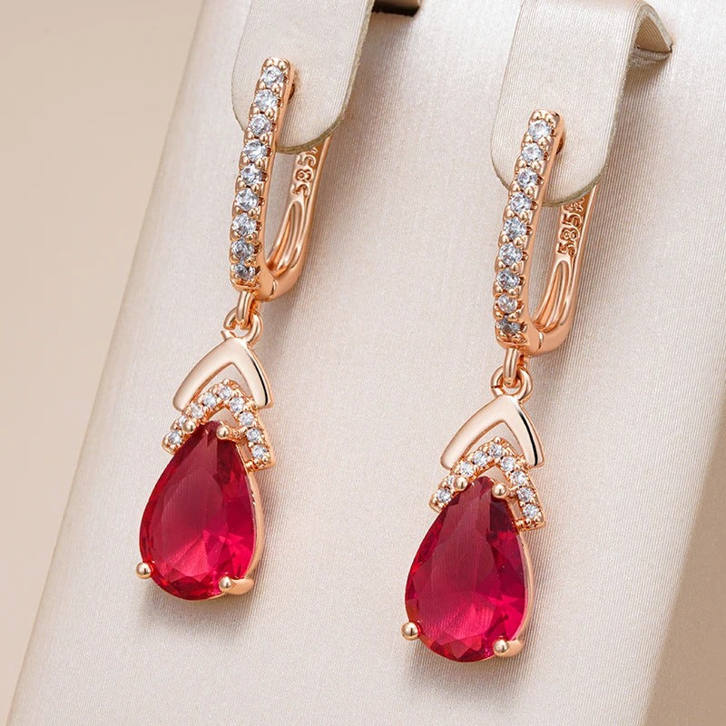 18K Rose Gold Plated Red Water Drop Natural Zircon Earrings