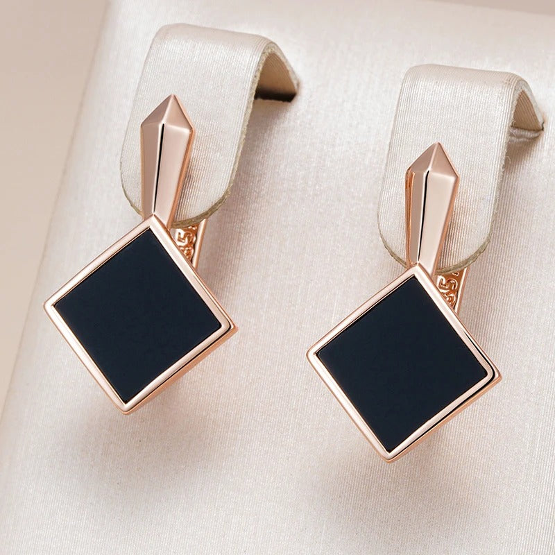 18K Rose Gold Plated Elegant Square Black Stone Dangle Earrings