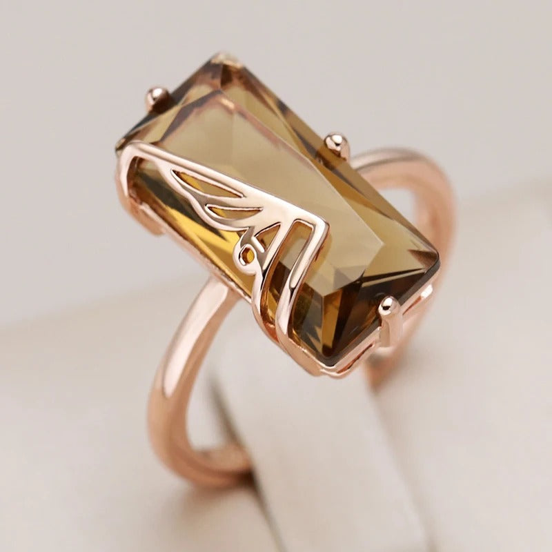 Large 18kt rose gold-plated ring with light brown natural cubic zirconia stones - AC