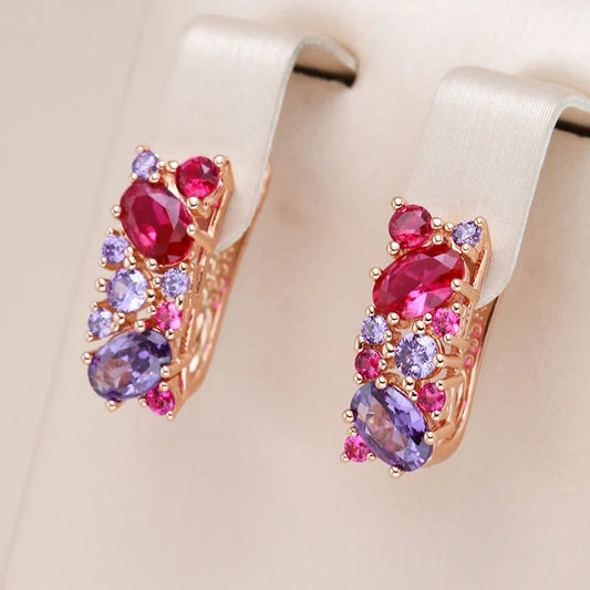 18K Rose Gold Plated Vintage Purple, Red. Pink Natural Zircon Earrings