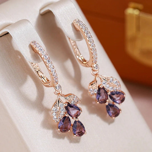 18K Rose Gold Plated Luxury Full Zircon Purple Pendant Earrings