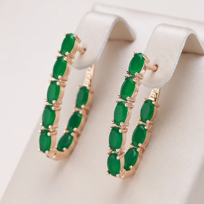 Emerald Oval Cut Zircon Long Drop Earrings in 18K Rose Gold Plating