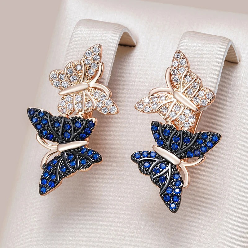 18K Rose Gold Plated Blue Natural Zircon Two Butterfly Drop Earrings