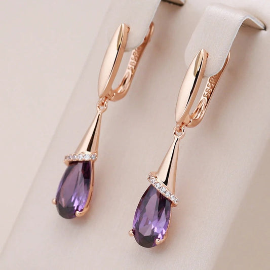 Long drop-shaped hoop earrings with silver and amethyst zircon with 18K rose gold plating