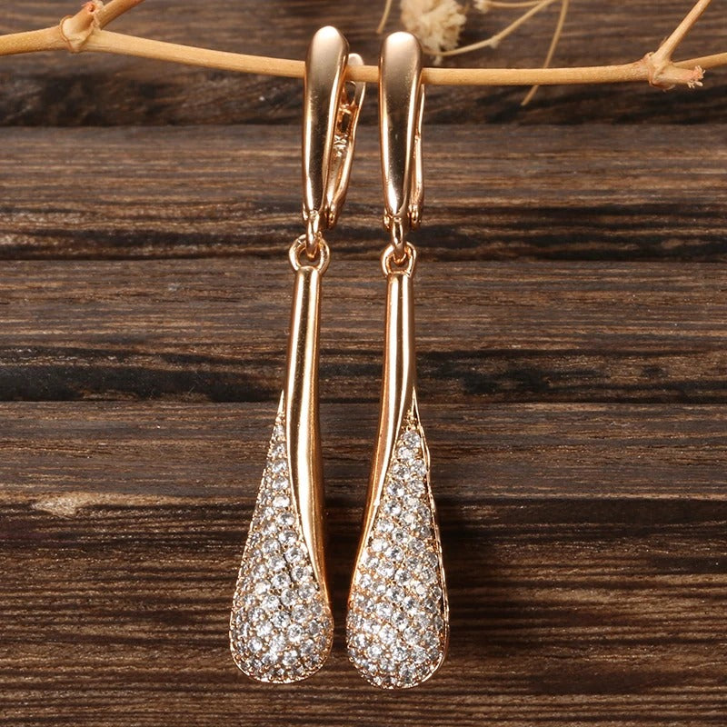 Full Sparkling Natural Zircon Long Dangle Earrings in 18K Rose Gold Plated