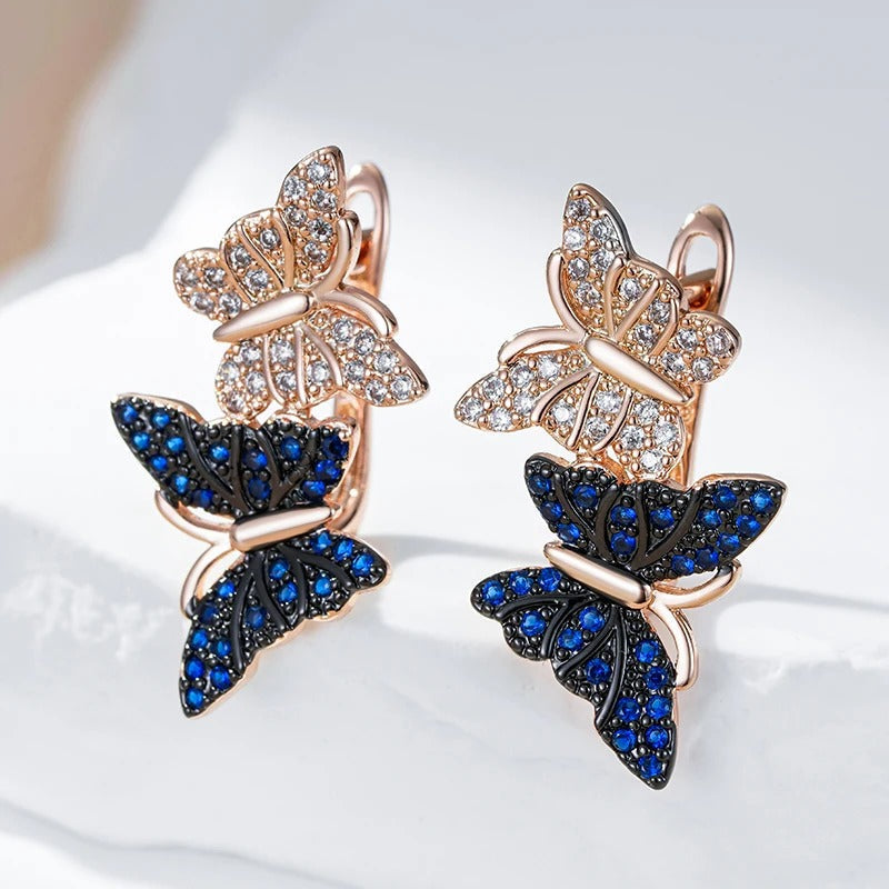 18K Rose Gold Plated Blue Natural Zircon Two Butterfly Drop Earrings