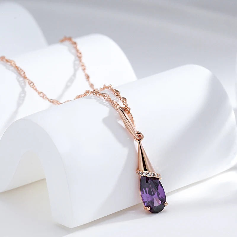 Water drop pendant necklace with amethyst zirconia in 18K rose gold plating