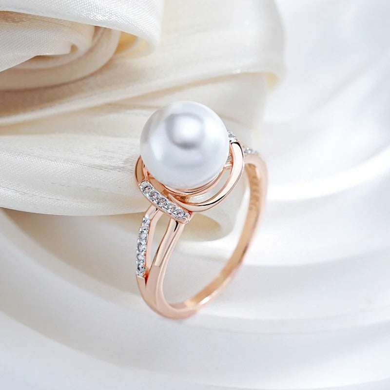 18K Rose Gold Plated Geometry Pearl with Zirconia Ring