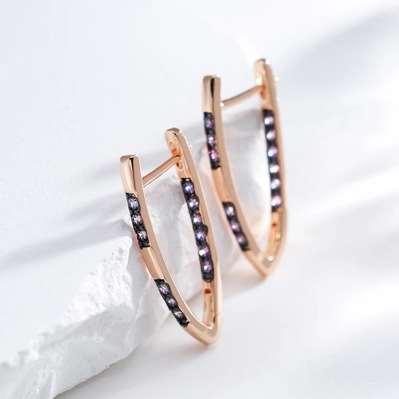 18K Rose Gold Plated V-shaped geometric design earrings with purple zirconias