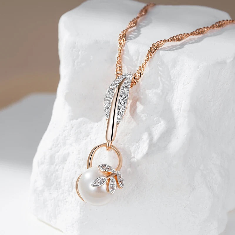 Necklace pendant white pearl leaf with cubic zirconia 18kt rose gold plated - AC