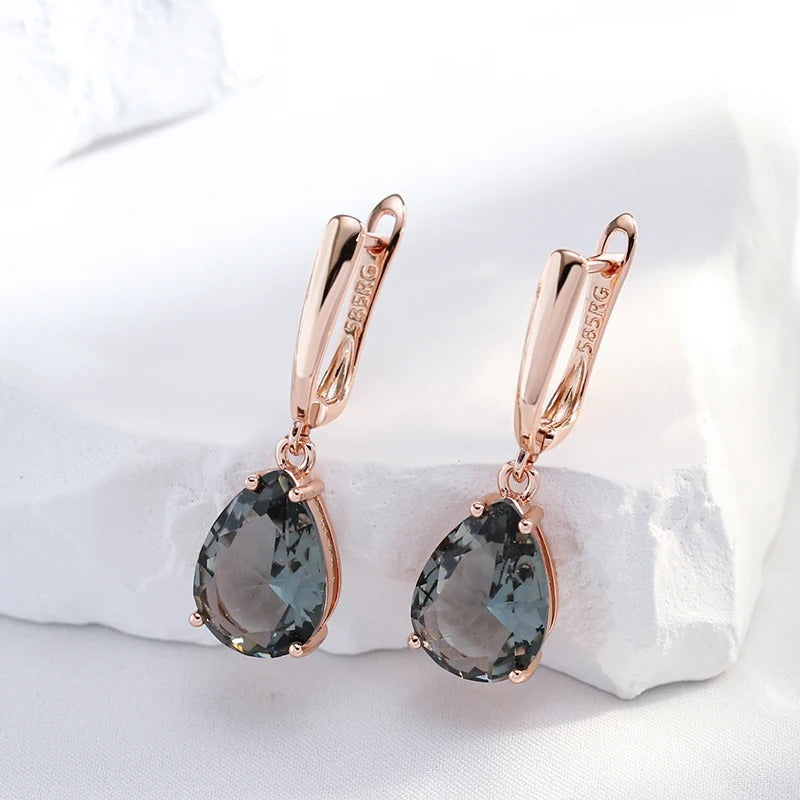 New Grey Crystal Long Water Drop Dangle Earrings in 18K Rose Gold Plated