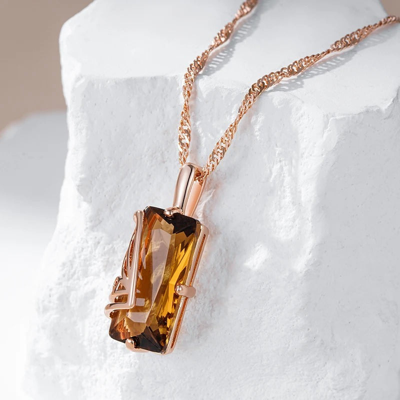 18K Rose Gold Plated Light Brown Natural Zircon Pendant Necklace