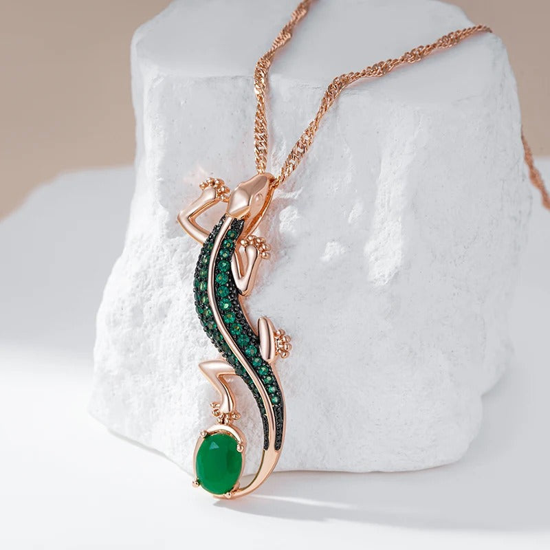 18K Rose Gold Plated Green Natural Zircon Lizard Pendant Necklace