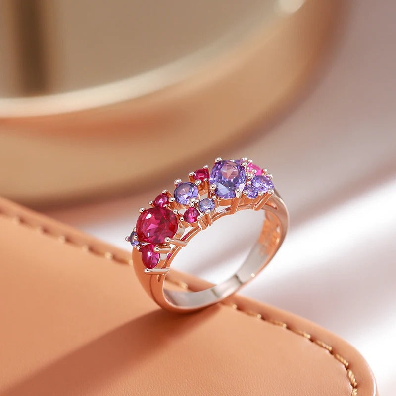 Luxury ruby zirconia and amethyst ring in 18K rose gold plating