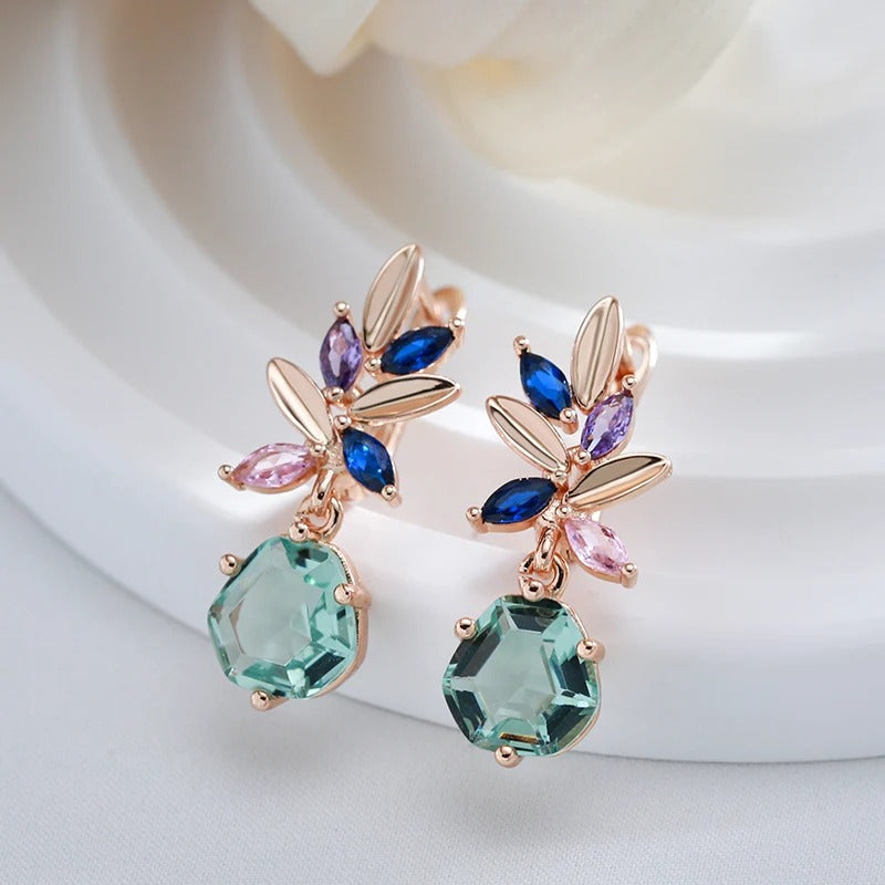 Unique green, blue and pink dangling earrings plated with 18K rose gold - AC