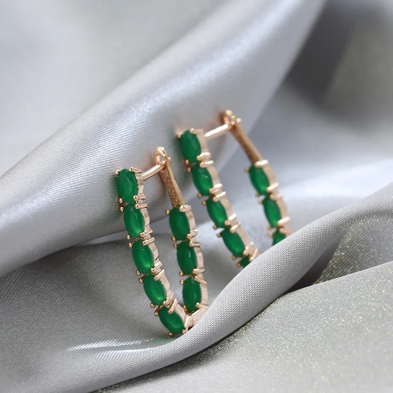 Emerald Oval Cut Zircon Long Drop Earrings in 18K Rose Gold Plating