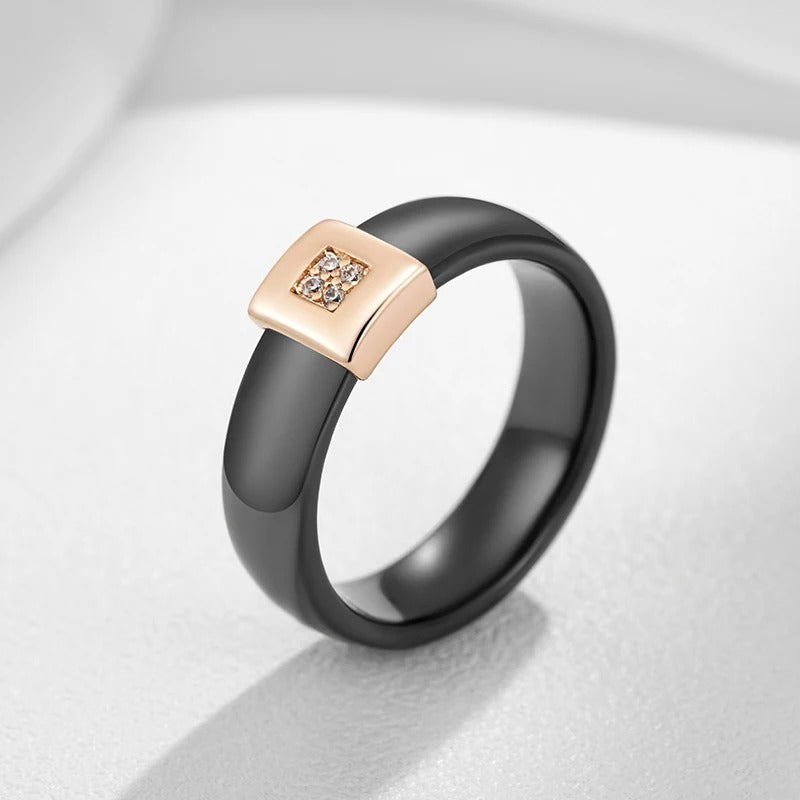 18K Rose Gold Plated Black Ceramics Ring with zirconia