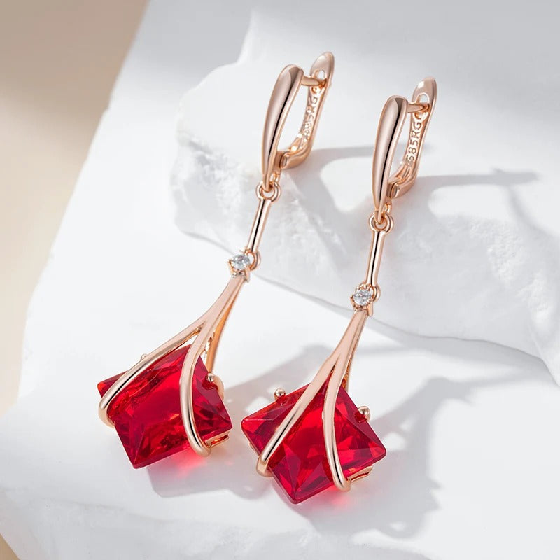 Long square earrings plated in 18 carat pink gold with natural red branch-shaped cubic zirconia - AC